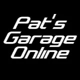 A black and white photo of the words pat 's garage online.